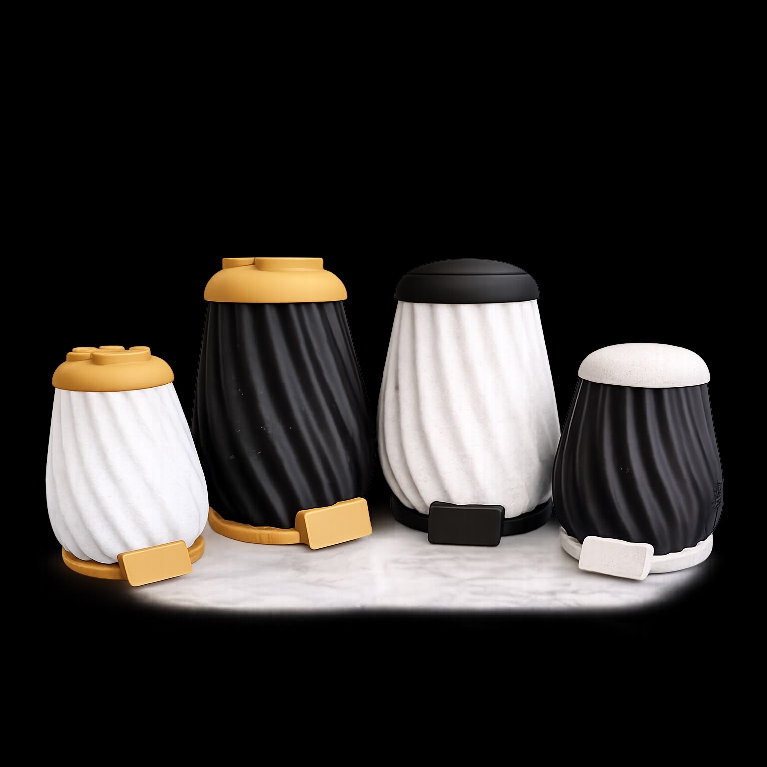 Urna Relieve PLA con textura en espiral en combinaciones de colores blanco, negro y dorado
