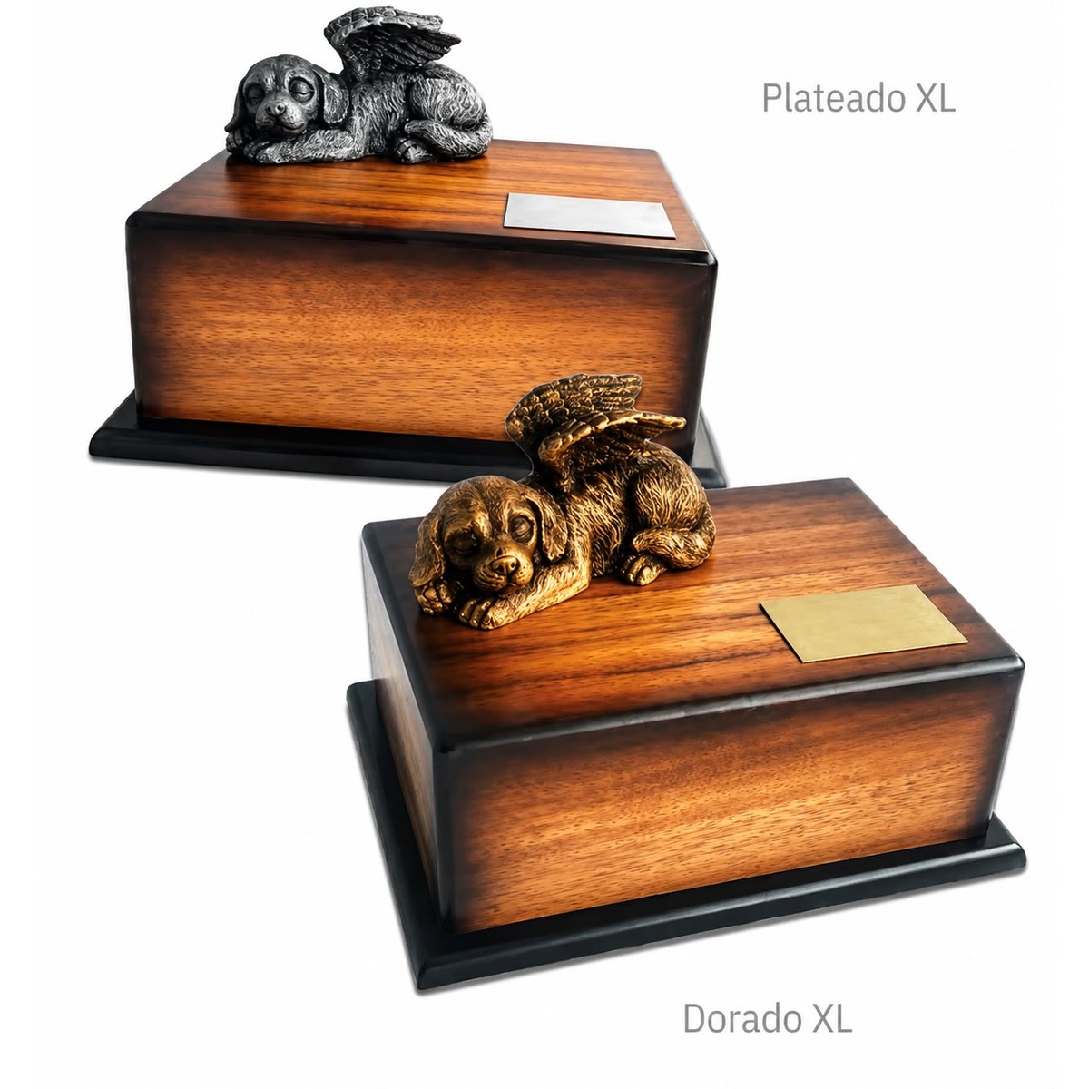 Urna Tranquilidad de madera con figura de perrito ángel en acabado plateado XL y dorado XL