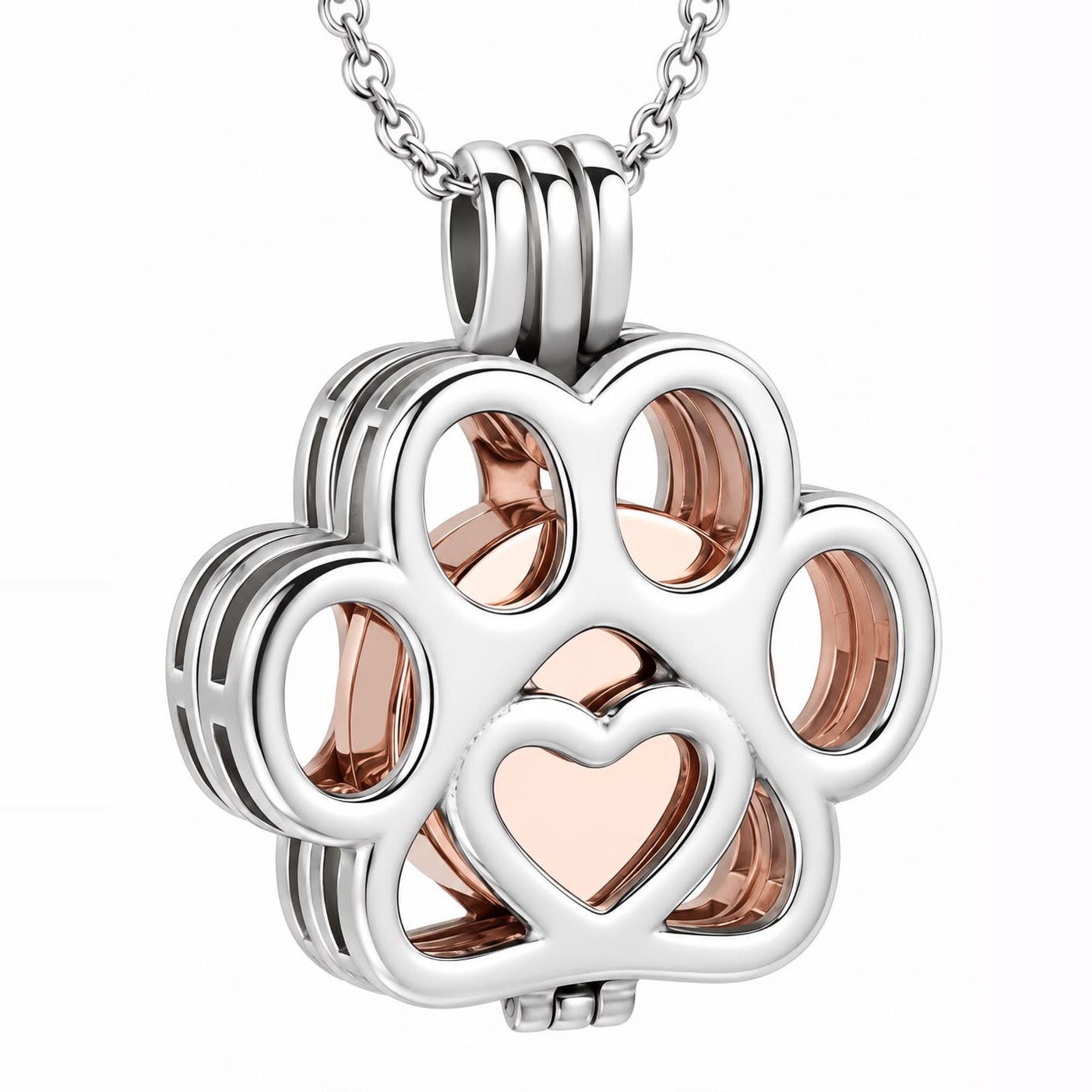 Relicario de acero inoxidable en forma de huella con corazón en oro rosa