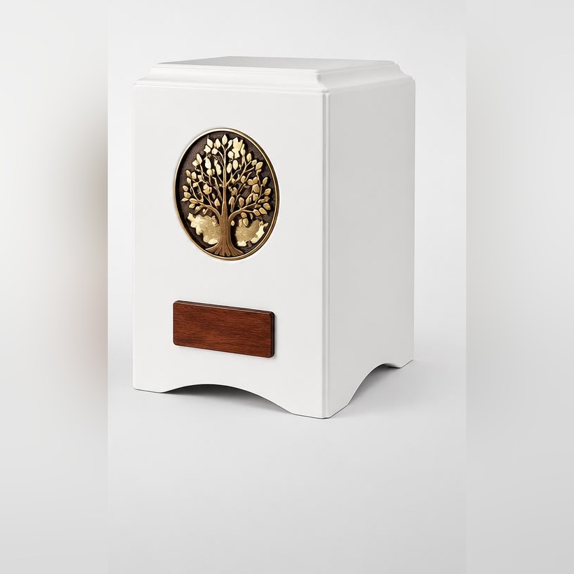 Urna Cáceres en tonalidad blanca con medallón dorado de árbol de la vida y placa de madera