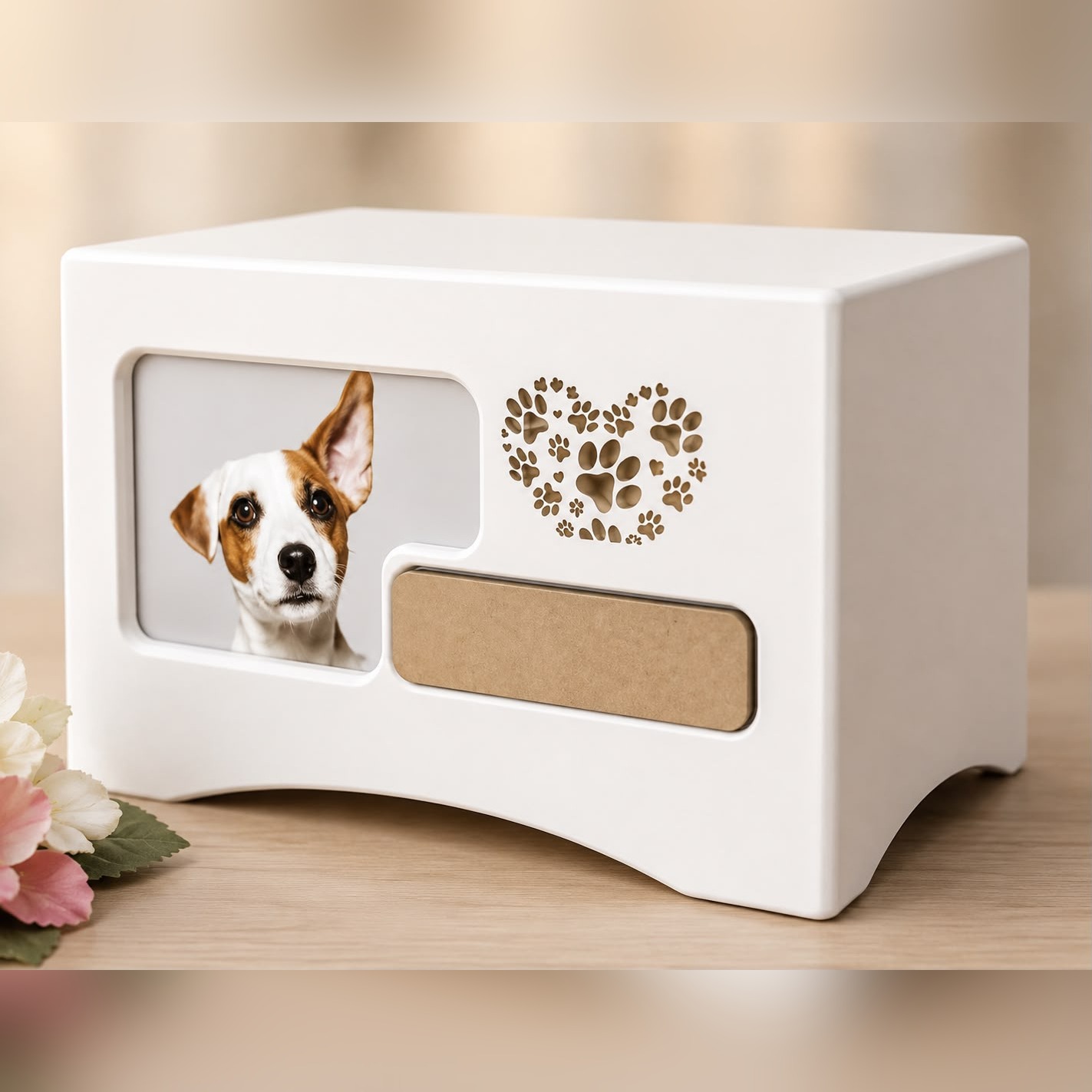 Urna Cocker blanca con marco para fotografía, corazón de huellas y placa personalizable