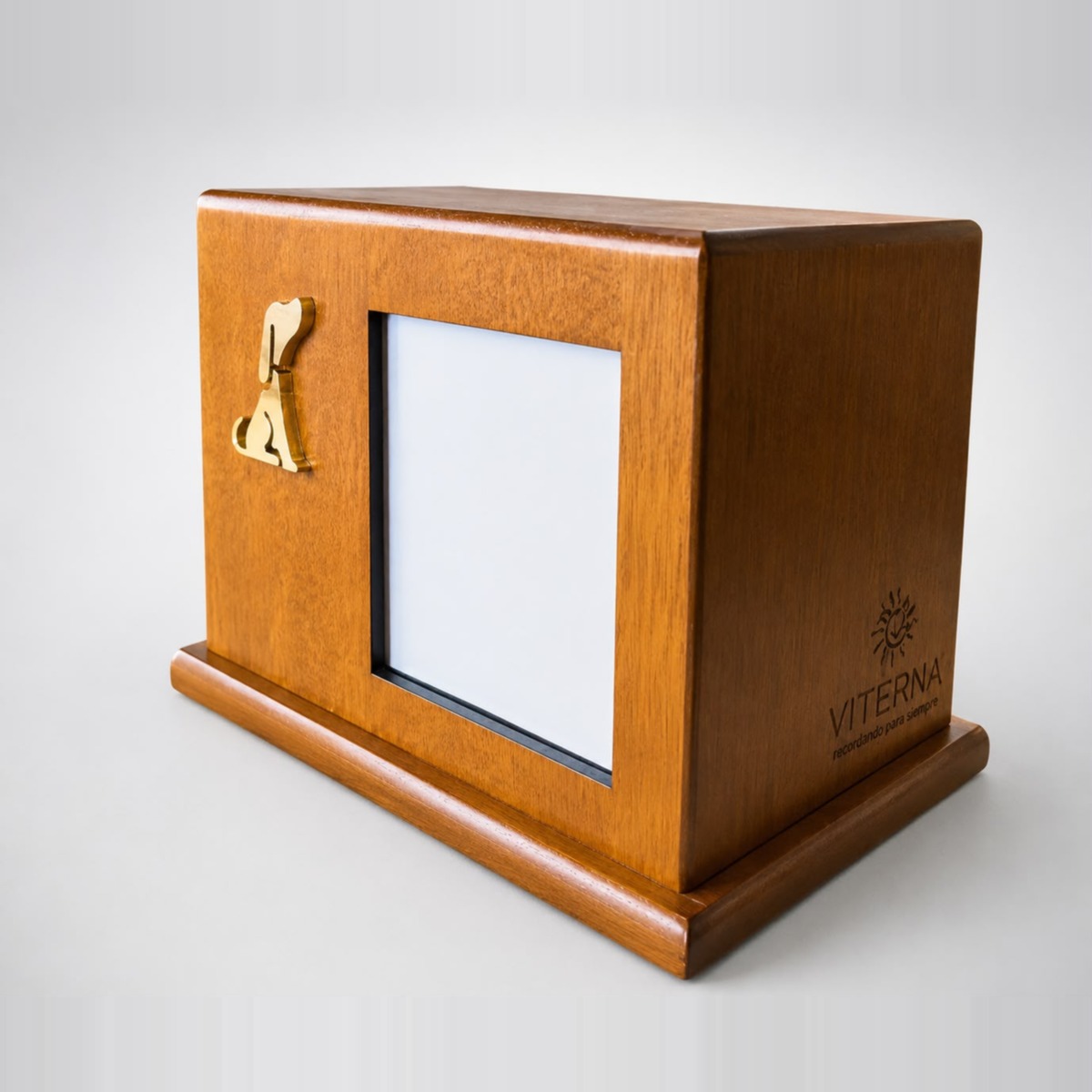 Urna Memorial de madera con marco para fotografía y silueta dorada de perrito