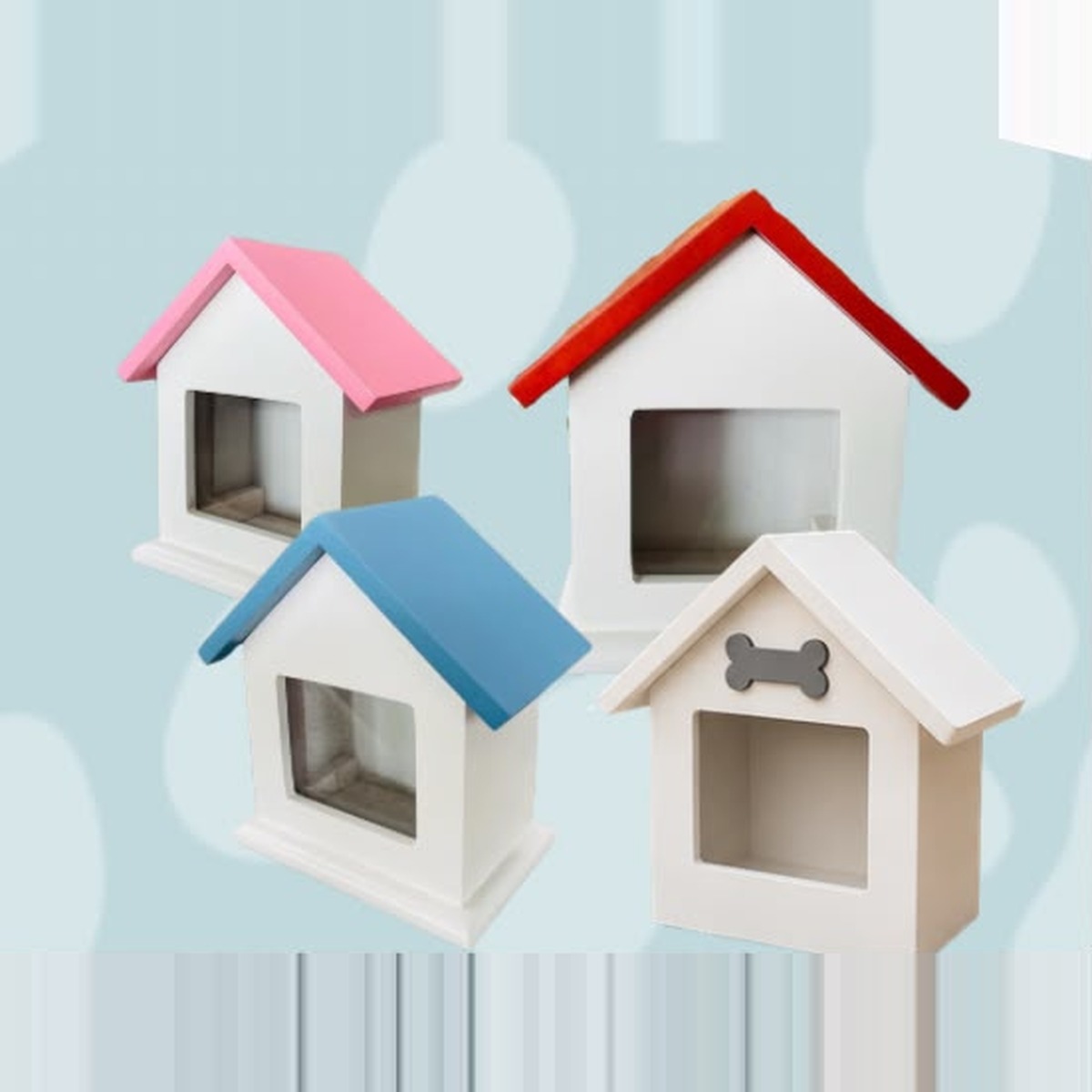 Urnas Casa Recuerdo de MDF blanco con techos en rosa, rojo, azul y blanco con hueso
