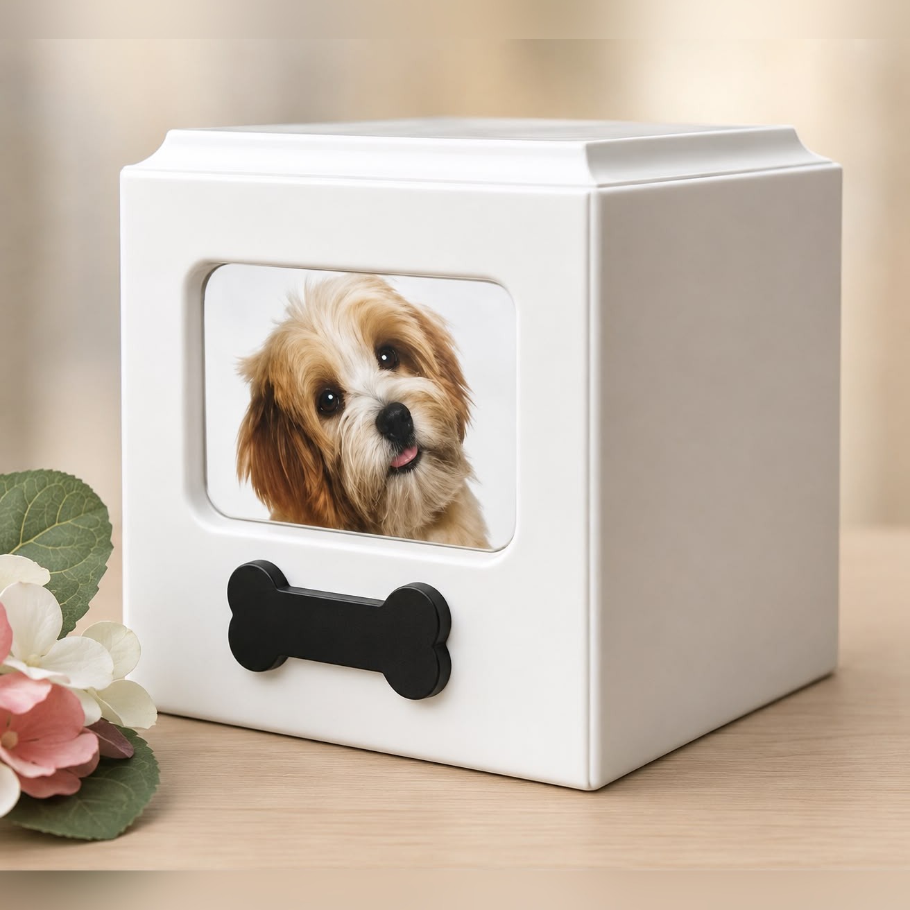 Urna Foto Mini blanca con marco para fotografía y placa en forma de hueso