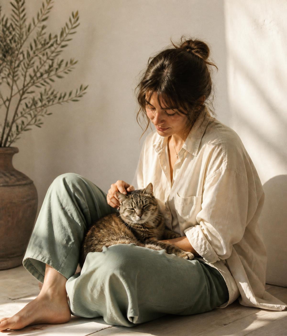 Mujer acariciando a su gato mayor sentada en el suelo con luz natural