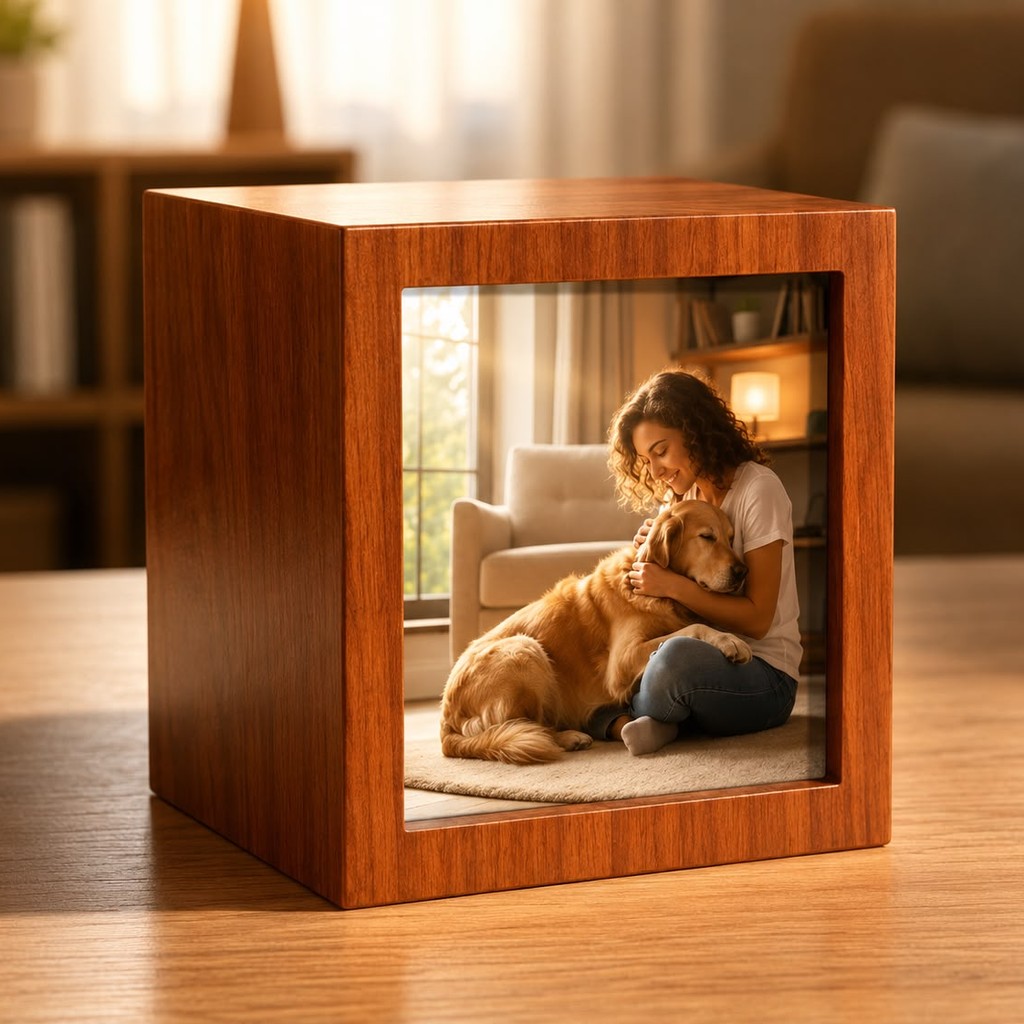 Urna Cubo Foto de madera con marco para fotografía de mascota